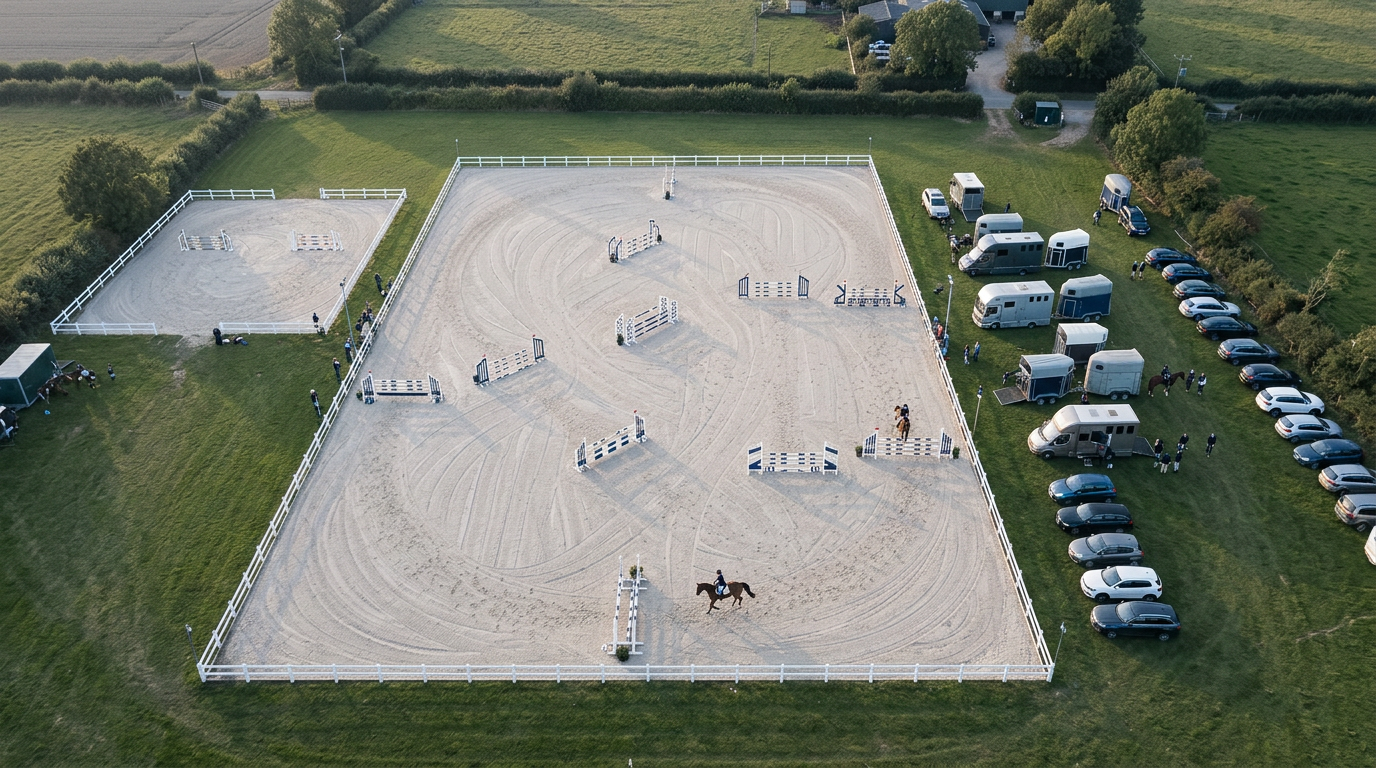 Aerial view of a sand arena with a course of white and navy jumps, horse trailers and cars parked on the grass beside it.